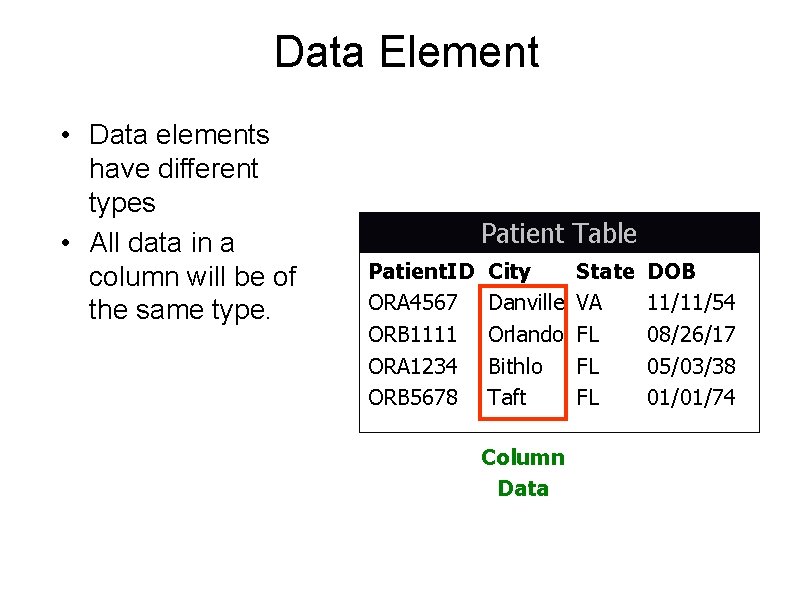 Data Element • Data elements have different types • All data in a column