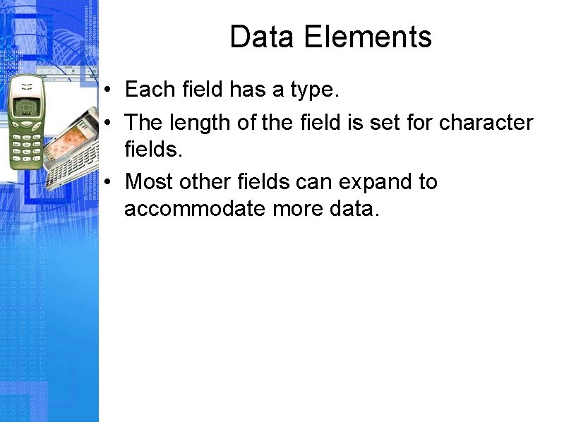 Data Elements • Each field has a type. • The length of the field