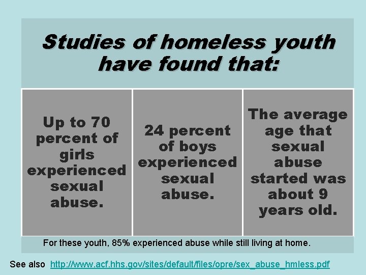 Studies of homeless youth have found that: The average Up to 70 age that
