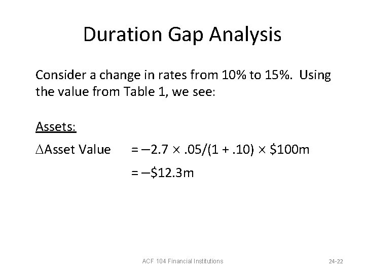 Duration Gap Analysis Consider a change in rates from 10% to 15%. Using the