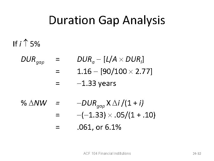 Duration Gap Analysis If i 5% DURgap = = = DURa [L/A DURl] 1.