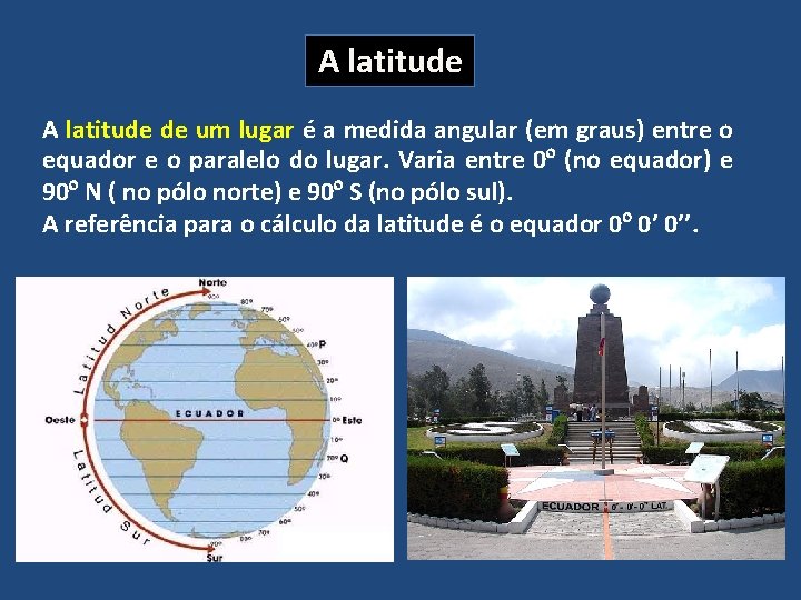 A latitude de um lugar é a medida angular (em graus) entre o equador