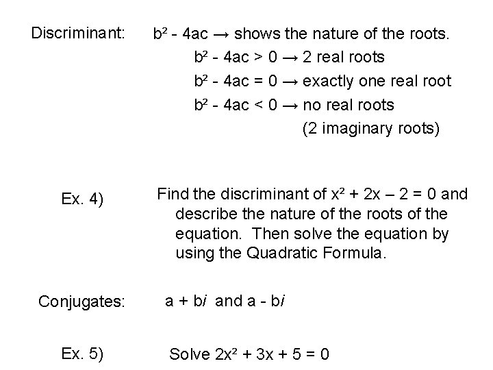 Discriminant: Ex. 4) Conjugates: Ex. 5) b² - 4 ac → shows the nature