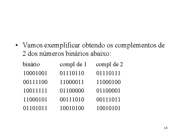  • Vamos exemplificar obtendo os complementos de 2 dos números binários abaixo: binário