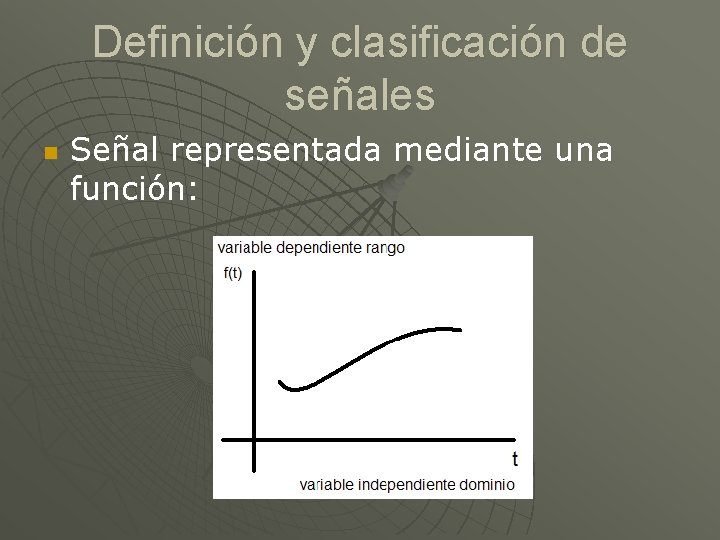 Definición y clasificación de señales Señal representada mediante una función: 