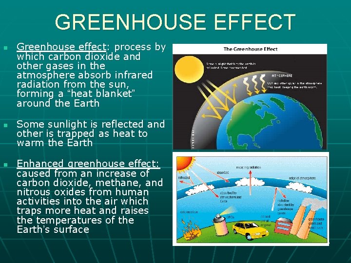 GREENHOUSE EFFECT n n n Greenhouse effect: process by which carbon dioxide and other