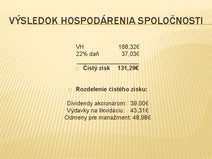 VÝSLEDOK HOSPODÁRENIA SPOLOČNOSTI � VH 168, 32€ 22% daň 37, 03€ __________ � Čistý