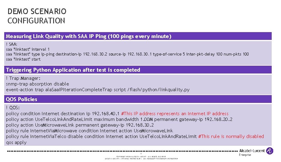 DEMO SCENARIO CONFIGURATION Measuring Link Quality with SAA IP Ping (100 pings every minute) DEMO SCENARIO CONFIGURATION Measuring Link Quality with SAA IP Ping (100 pings every minute)