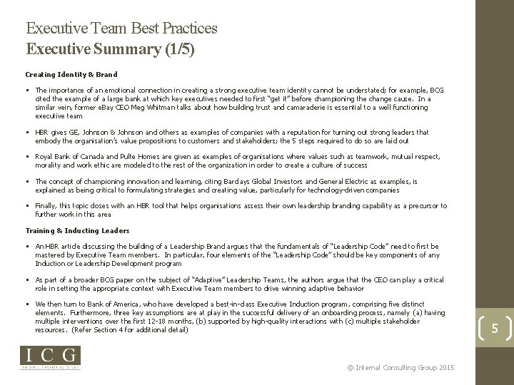 Executive Team Best Practices Executive Summary (1/5) Creating Identity & Brand The importance of