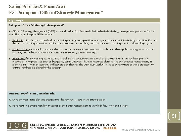 Setting Priorities & Focus Areas E 5 – Set up an “Office of Strategic