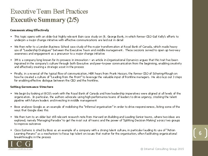 Executive Team Best Practices Executive Summary (2/5) Communicating Effectively This topic opens with an
