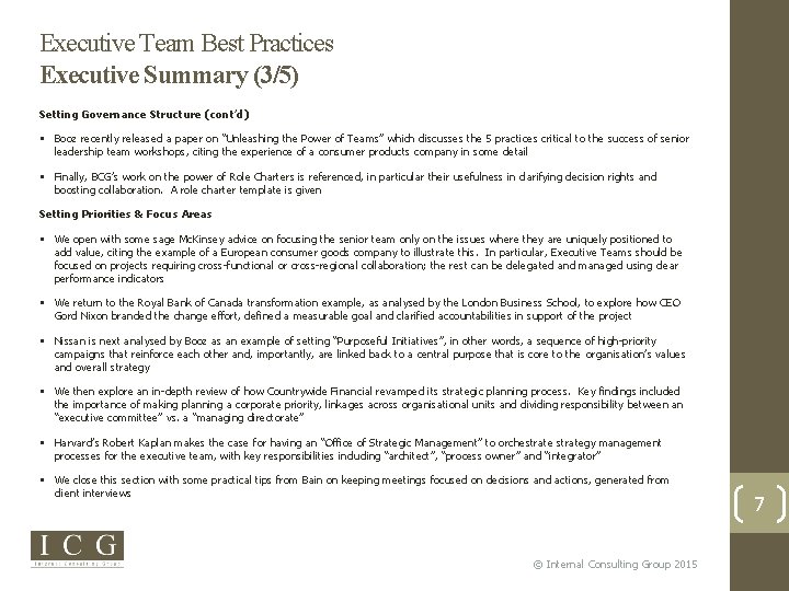 Executive Team Best Practices Executive Summary (3/5) Setting Governance Structure (cont’d) Booz recently released