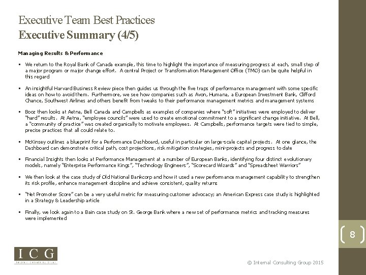 Executive Team Best Practices Executive Summary (4/5) Managing Results & Performance We return to