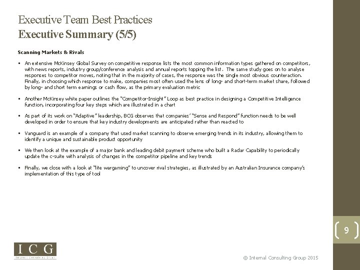 Executive Team Best Practices Executive Summary (5/5) Scanning Markets & Rivals An extensive Mc.