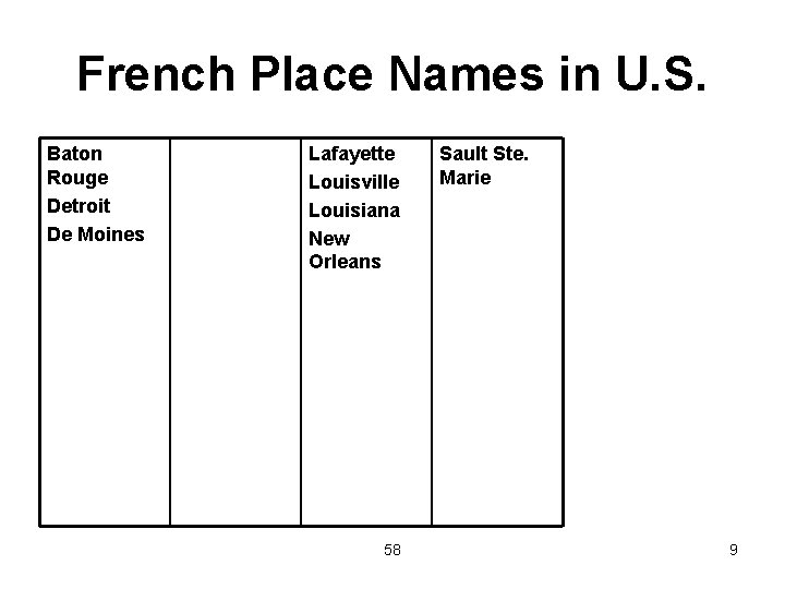 French Place Names in U. S. Baton Rouge Detroit De Moines Lafayette Louisville Louisiana