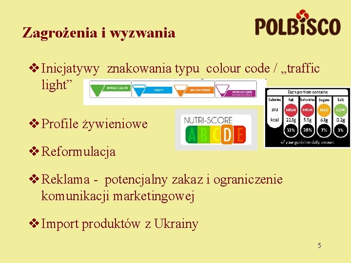 Zagrożenia i wyzwania v Inicjatywy znakowania typu colour code / „traffic light” v Profile