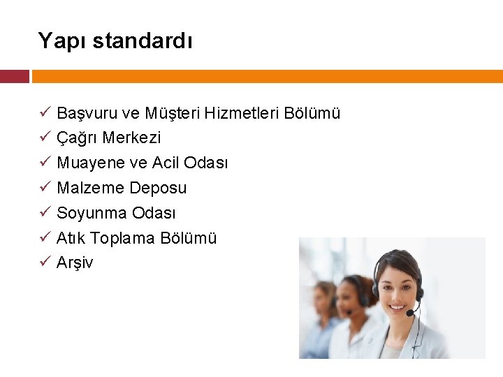 Yapı standardı ü Başvuru ve Müşteri Hizmetleri Bölümü ü Çağrı Merkezi ü Muayene ve