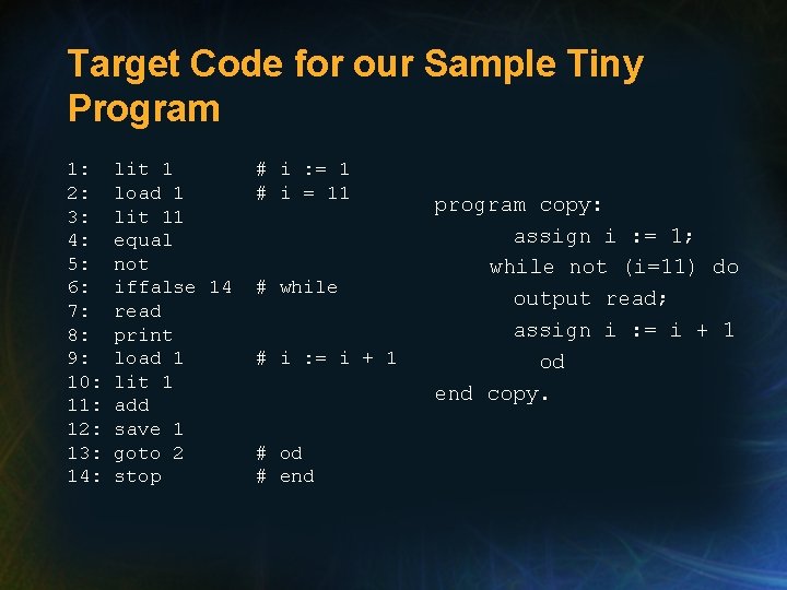 Target Code for our Sample Tiny Program 1: 2: 3: 4: 5: 6: 7: Target Code for our Sample Tiny Program 1: 2: 3: 4: 5: 6: 7: