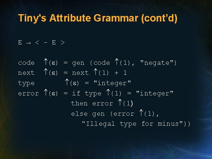 Tiny's Attribute Grammar (cont’d) E → < - E > code ( ) = Tiny's Attribute Grammar (cont’d) E → < - E > code ( ) =