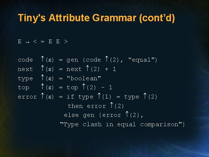 Tiny's Attribute Grammar (cont’d) E → < = E E > code next type Tiny's Attribute Grammar (cont’d) E → < = E E > code next type