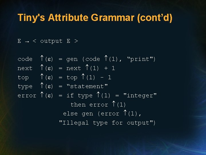 Tiny's Attribute Grammar (cont’d) E → < output E > code next top type