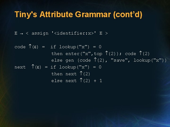 Tiny's Attribute Grammar (cont’d) E → < assign '<identifier: x>' E > code (