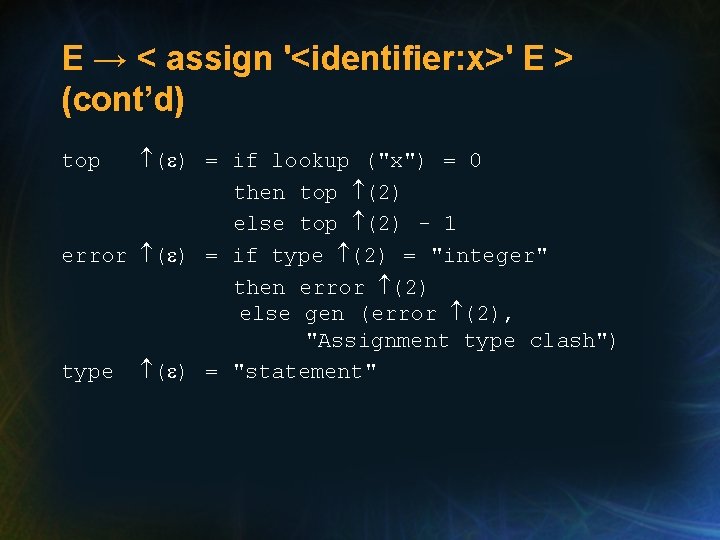 E → < assign '<identifier: x>' E > (cont’d) ( ) = if lookup E → < assign '<identifier: x>' E > (cont’d) ( ) = if lookup