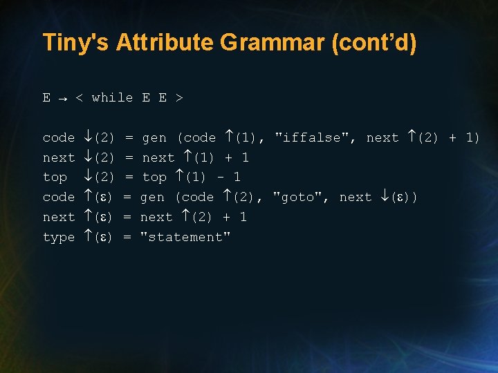 Tiny's Attribute Grammar (cont’d) E → < while E E > code next top Tiny's Attribute Grammar (cont’d) E → < while E E > code next top