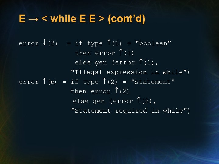E → < while E E > (cont’d) error (2) = if type (1) E → < while E E > (cont’d) error (2) = if type (1)