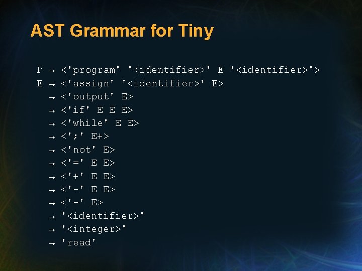 AST Grammar for Tiny P → <'program' '<identifier>' E '<identifier>'> E → <'assign' '<identifier>' AST Grammar for Tiny P → <'program' '<identifier>' E '<identifier>'> E → <'assign' '<identifier>'