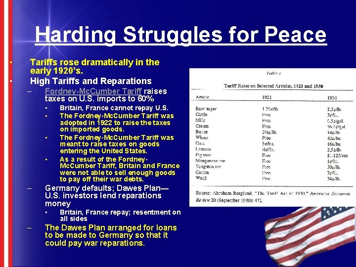 Harding Struggles for Peace • • Tariffs rose dramatically in the early 1920’s. High