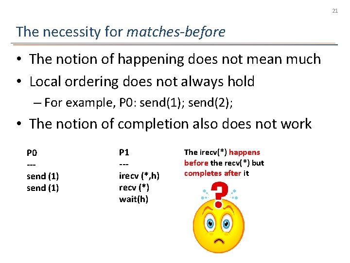21 The necessity for matches-before • The notion of happening does not mean much