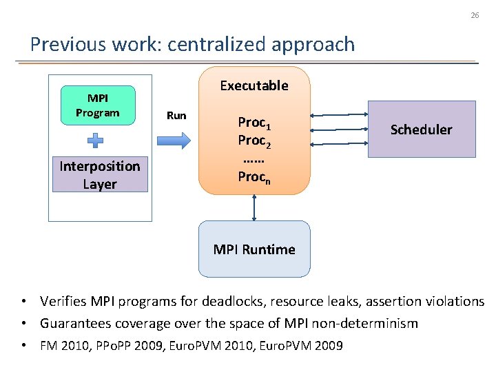 26 Previous work: centralized approach MPI Program Interposition Layer Executable Run Proc 1 Proc