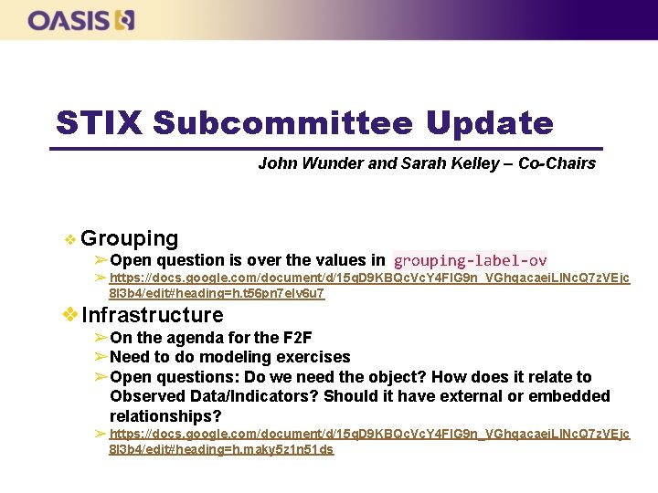STIX Subcommittee Update John Wunder and Sarah Kelley – Co-Chairs ❖ Grouping ➢Open question