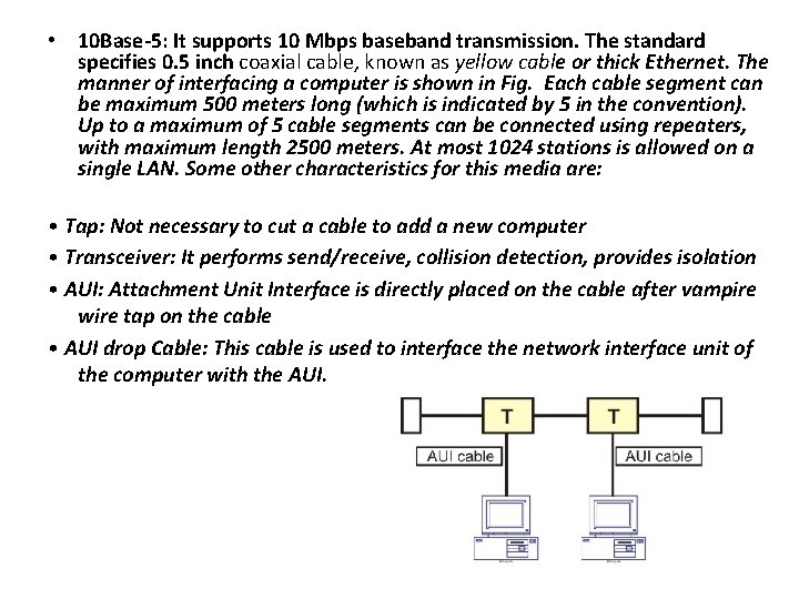  • 10 Base-5: It supports 10 Mbps baseband transmission. The standard specifies 0.