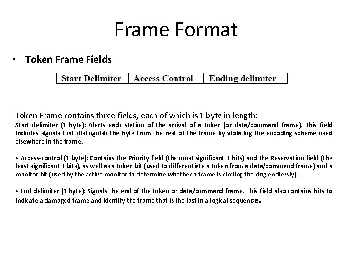 Frame Format • Token Frame Fields Token Frame contains three fields, each of which