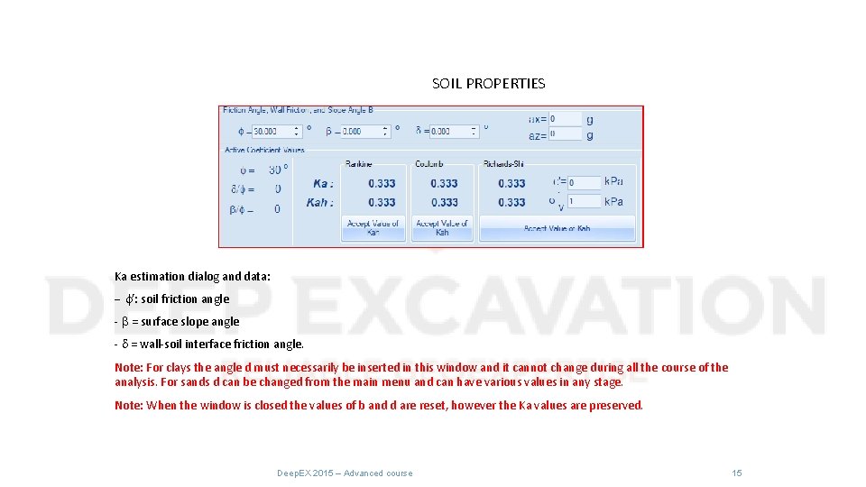 SOIL PROPERTIES Ka estimation dialog and data: - f’: soil friction angle - b