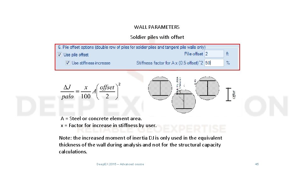 WALL PARAMETERS Soldier piles with offset A = Steel or concrete element area. x