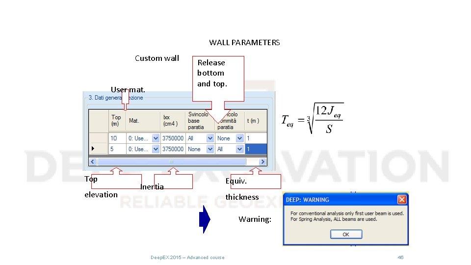 WALL PARAMETERS Custom wall User mat. Top elevation Release bottom and top. Inertia Equiv.