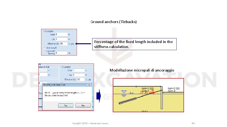 Ground anchors (Tiebacks) Percentage of the fixed length included in the stiffness calculation. Modellazione