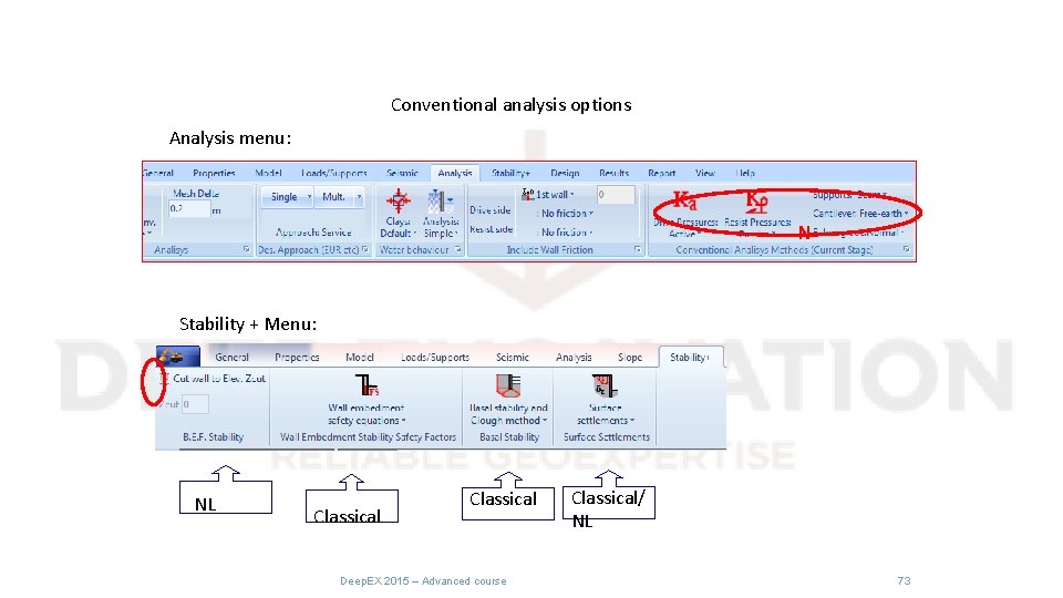 Conventional analysis options Analysis menu: Stability + Menu: NL Classical Deep. EX 2015 –