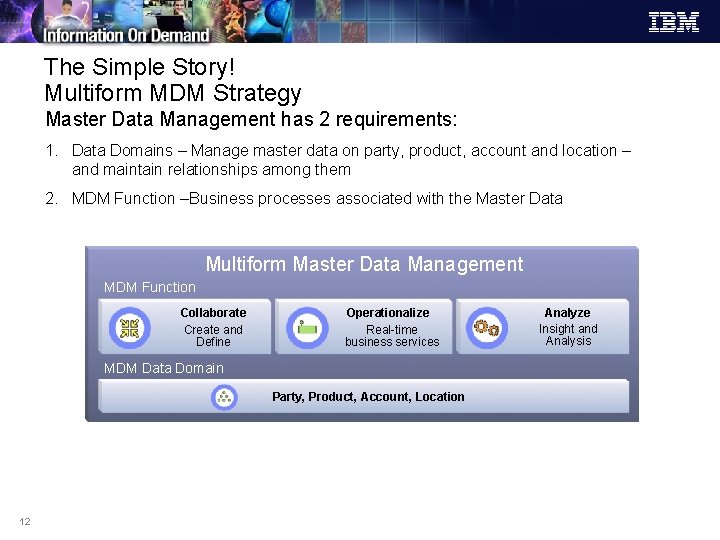 The Simple Story! Multiform MDM Strategy Master Data Management has 2 requirements: 1. Data