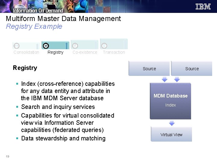 Multiform Master Data Management Registry Example Consolidation Registry Co-existence Transaction Registry § Index (cross-reference) Multiform Master Data Management Registry Example Consolidation Registry Co-existence Transaction Registry § Index (cross-reference)