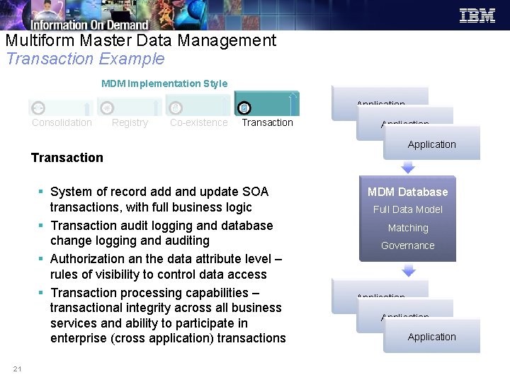 Multiform Master Data Management Transaction Example MDM Implementation Style Application Consolidation Registry Co-existence Transaction Multiform Master Data Management Transaction Example MDM Implementation Style Application Consolidation Registry Co-existence Transaction