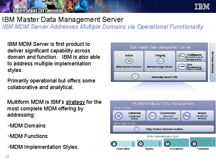 IBM Master Data Management Server IBM MDM Server Addresses Multiple Domains via Operational Functionality IBM Master Data Management Server IBM MDM Server Addresses Multiple Domains via Operational Functionality