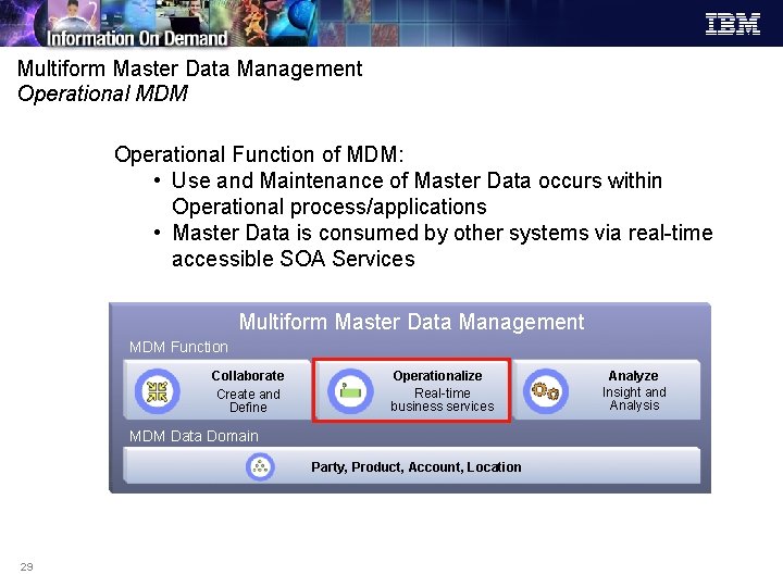 Multiform Master Data Management Operational MDM Operational Function of MDM: • Use and Maintenance
