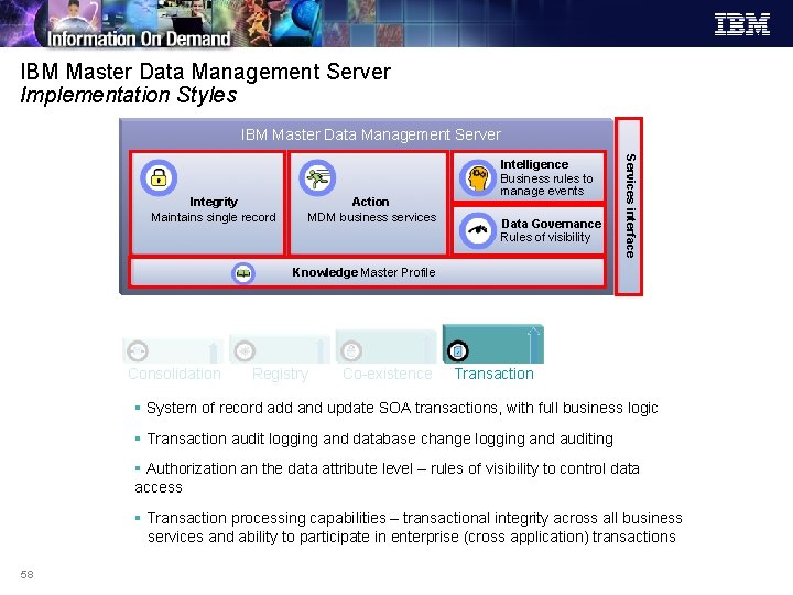 IBM Master Data Management Server Implementation Styles IBM Master Data Management Server Action MDM