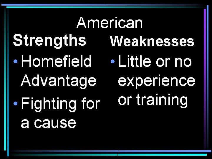 American Strengths Weaknesses • Homefield • Little or no Advantage experience • Fighting for