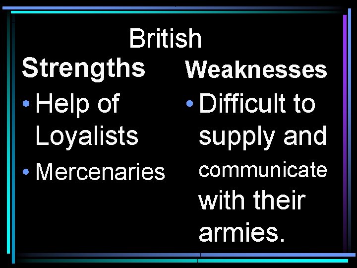 British Strengths Weaknesses • Help of • Difficult to Loyalists supply and • Mercenaries