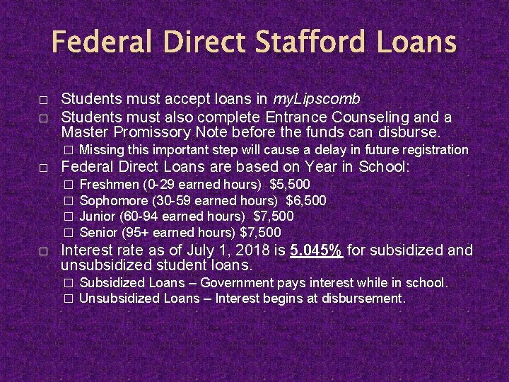 Federal Direct Stafford Loans � � Students must accept loans in my. Lipscomb Students